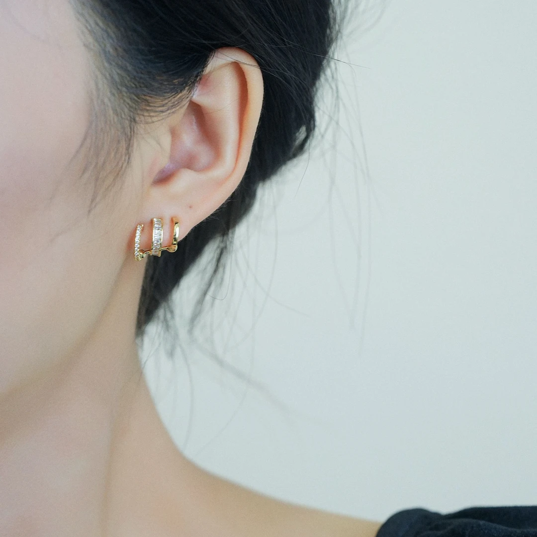 铜合金耳饰 小众三圈几何锆石耳环2025新款网红气质耳钉高级感女