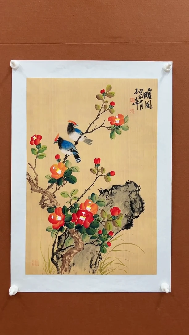 国画李文峰四尺三开仿古花鸟