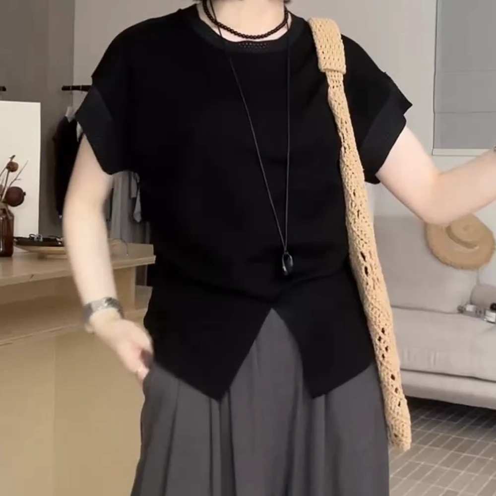 坎袖收腰显瘦圆领T恤女韩系简约休闲透气时尚夏季上衣C5274