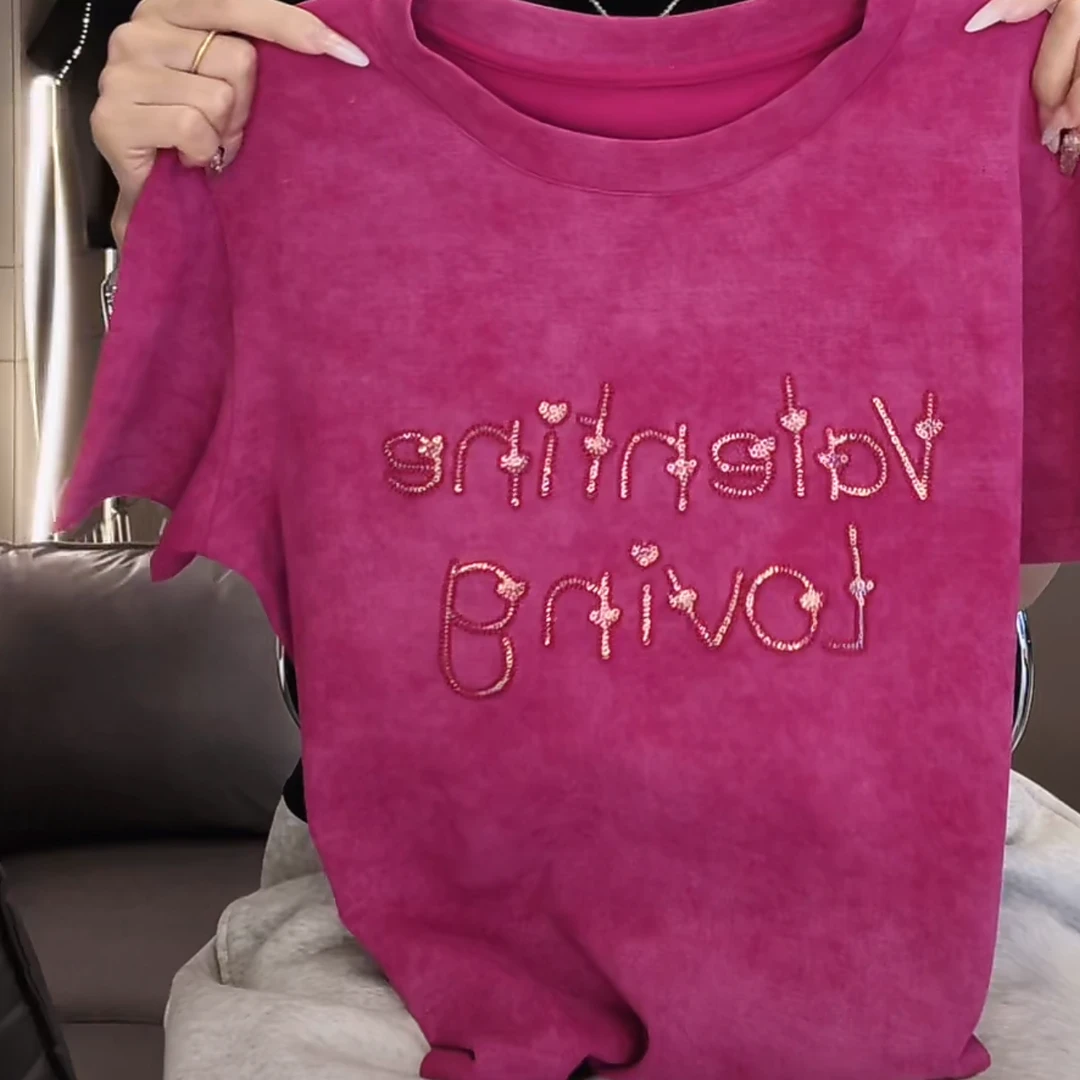 刺绣亮片字母晕染设计短袖T恤2025新款春夏时尚轻奢气质休闲上衣