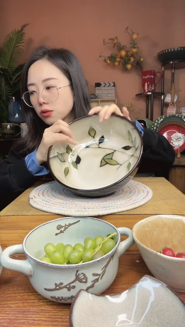 陶瓷9英寸手绘竹叶大汤碗 微瑕疵