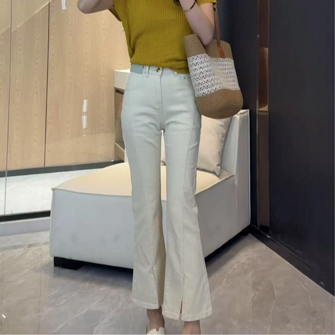 Barbie Siyu【素颜裤】26900夏季简约两粒开叉裤缝线微喇牛仔裤
