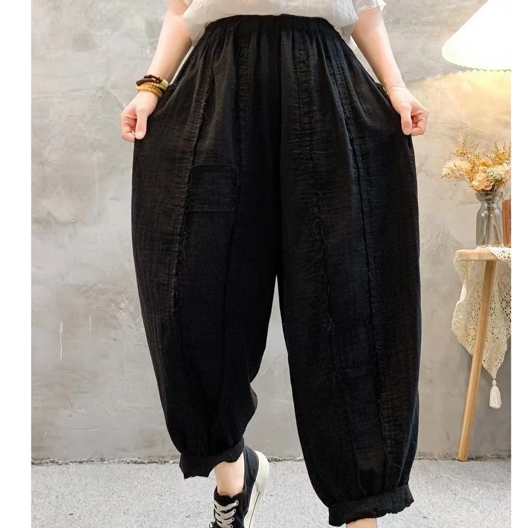 春秋时尚新款双层面纱12片拼接设计休闲宽松百搭复古灯笼裤