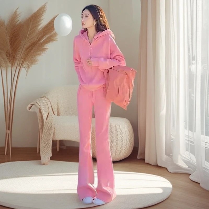 早春季一整套高级松弛感酷飒拽姐穿搭休闲运动套装粉色卫衣两件套