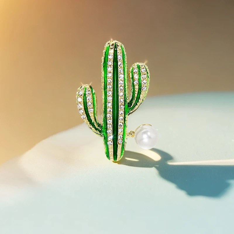 绿色气质金色优雅古风高档胸针水钻仙人掌镶珍珠彩绘胸花时尚别针
