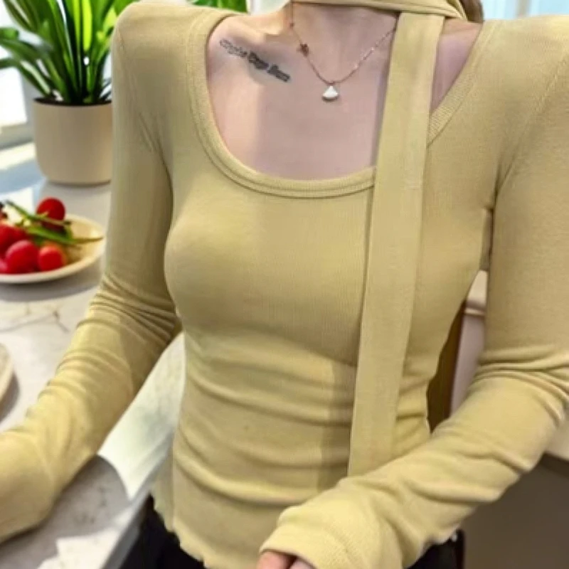 纯欲风挂脖飘带德绒磨毛长袖T恤百搭时尚洋气