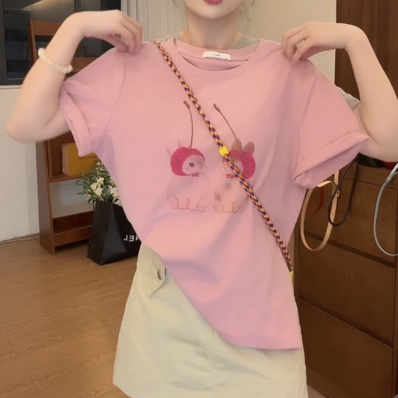 【樱桃小兔】夏季韩系宽松小众可爱百搭正肩T恤LK2505038