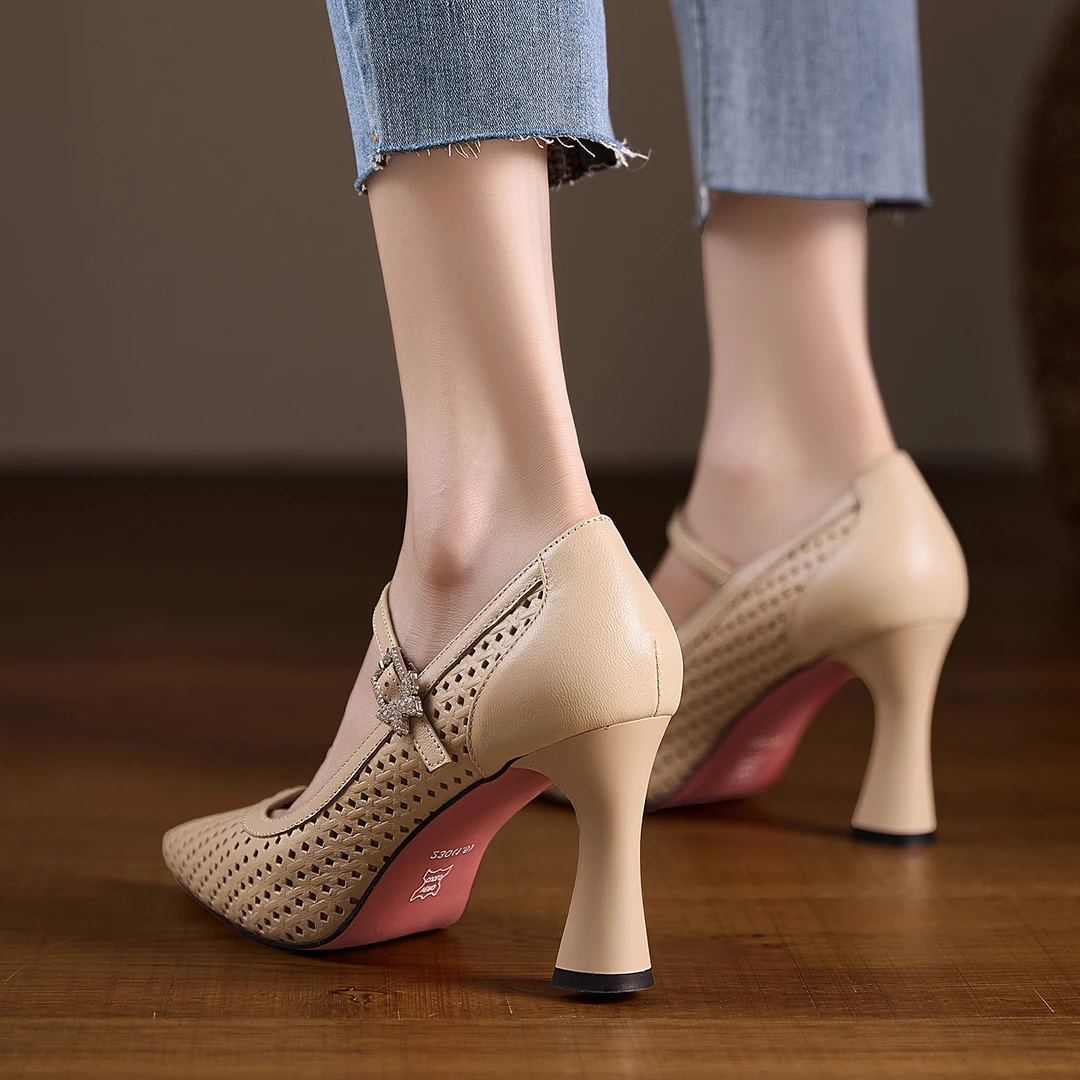 AACCK手工女鞋8CM尖头防水台高跟浅口单女秋季新款粗跟玛丽珍女鞋