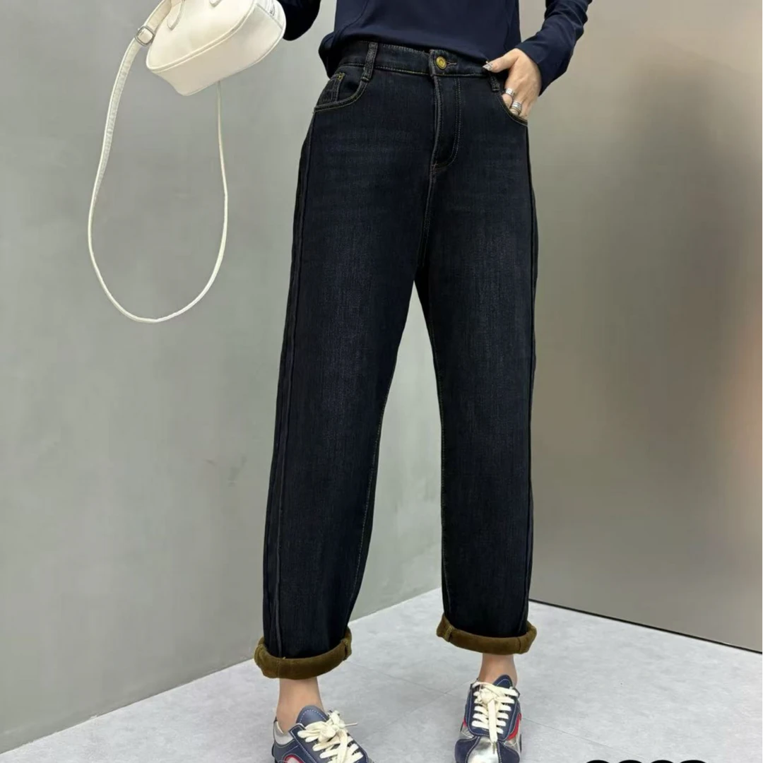 【胖彤彤】9802#后皮标刺绣加绒牛仔老爹裤Y/452