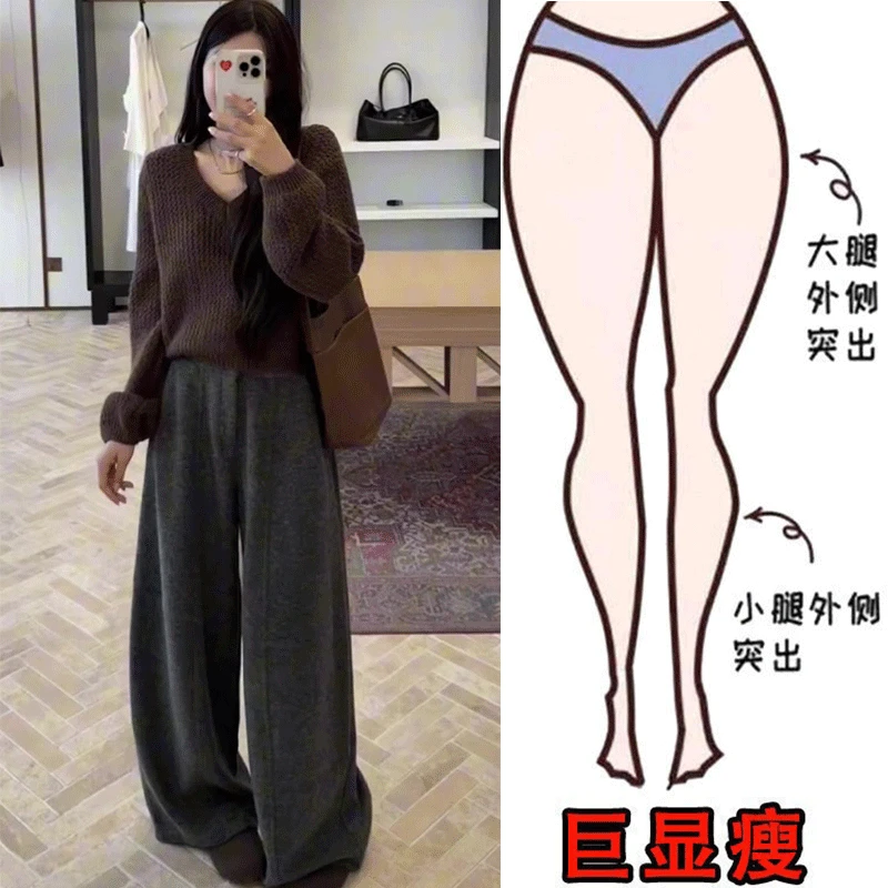 冬季新款韩版慵懒宽松毛呢休闲裤梨形身材显瘦简约风纯色阔腿裤