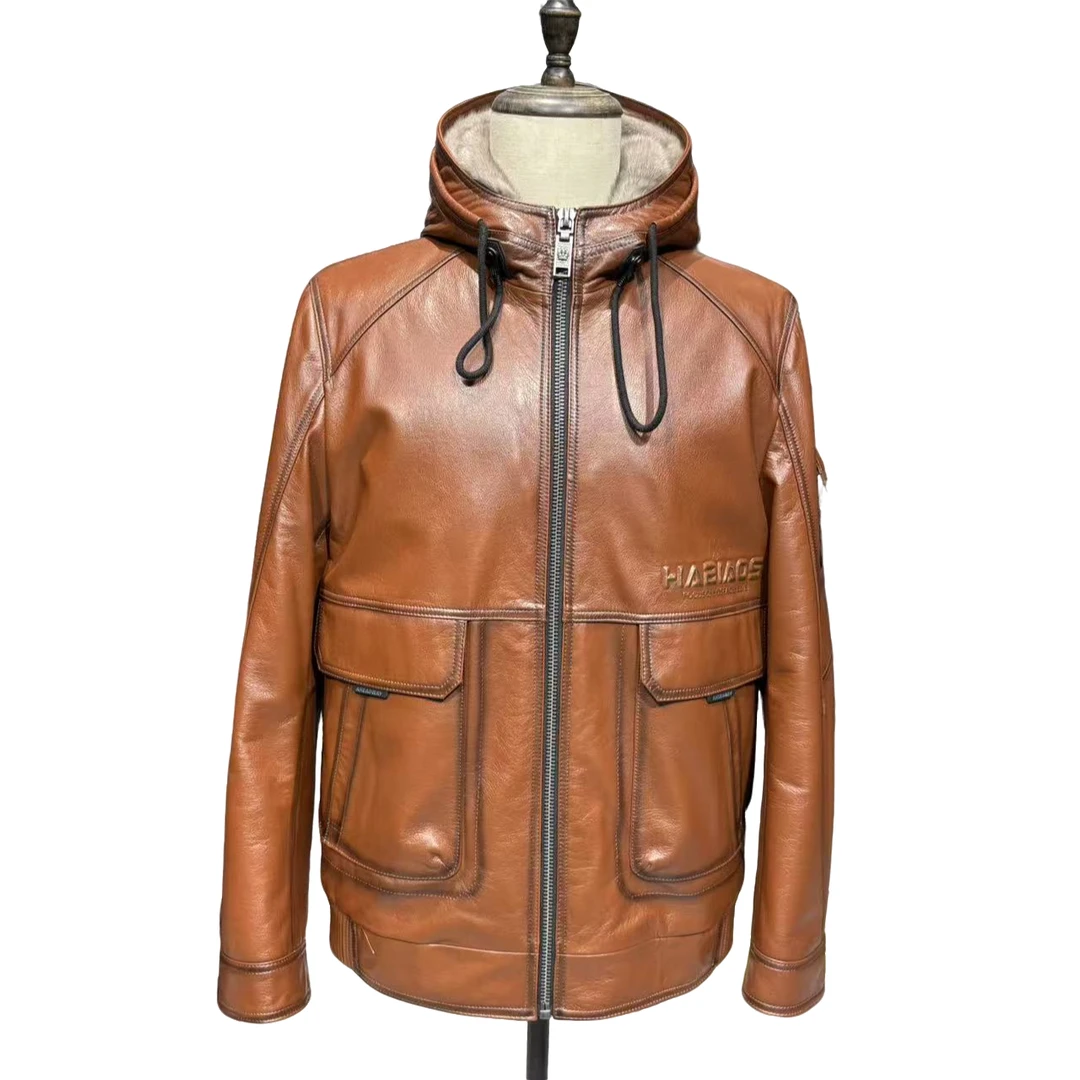 【JF.NZ】2025 8303胎牛皮油蜡红棕色连帽冬季皮貂一体短款现货链接