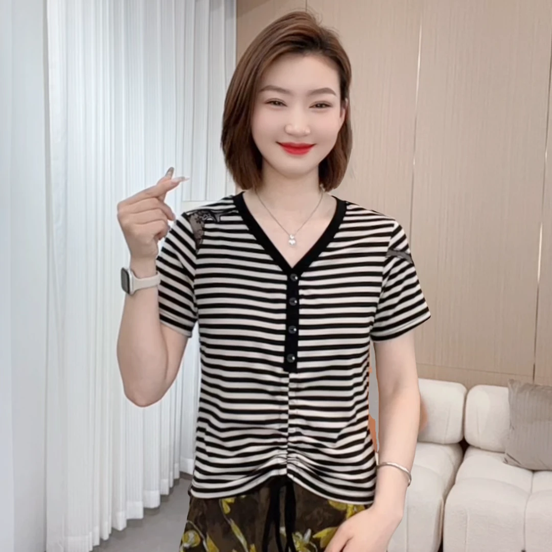 2025夏季时尚洋气新款设计镂空设计褶皱抽绳百搭显瘦短袖P8903