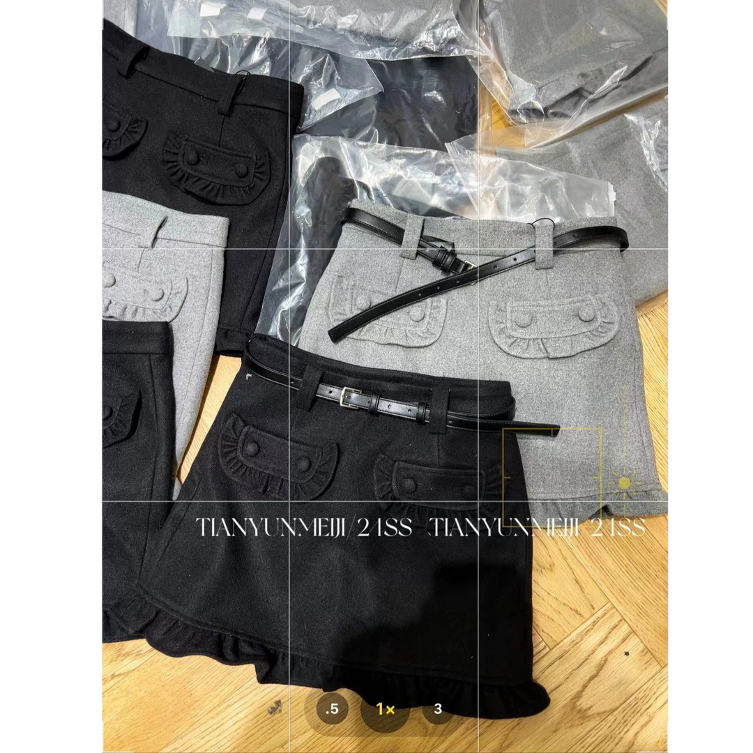 【no退no换 谨慎下单】木耳边纽扣毛呢半身裙 EQ7501