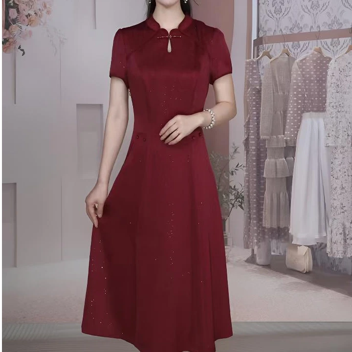 【亿沐阁女装】2025夏季优雅显瘦新中式气质减龄喜婆婆中长款连衣裙