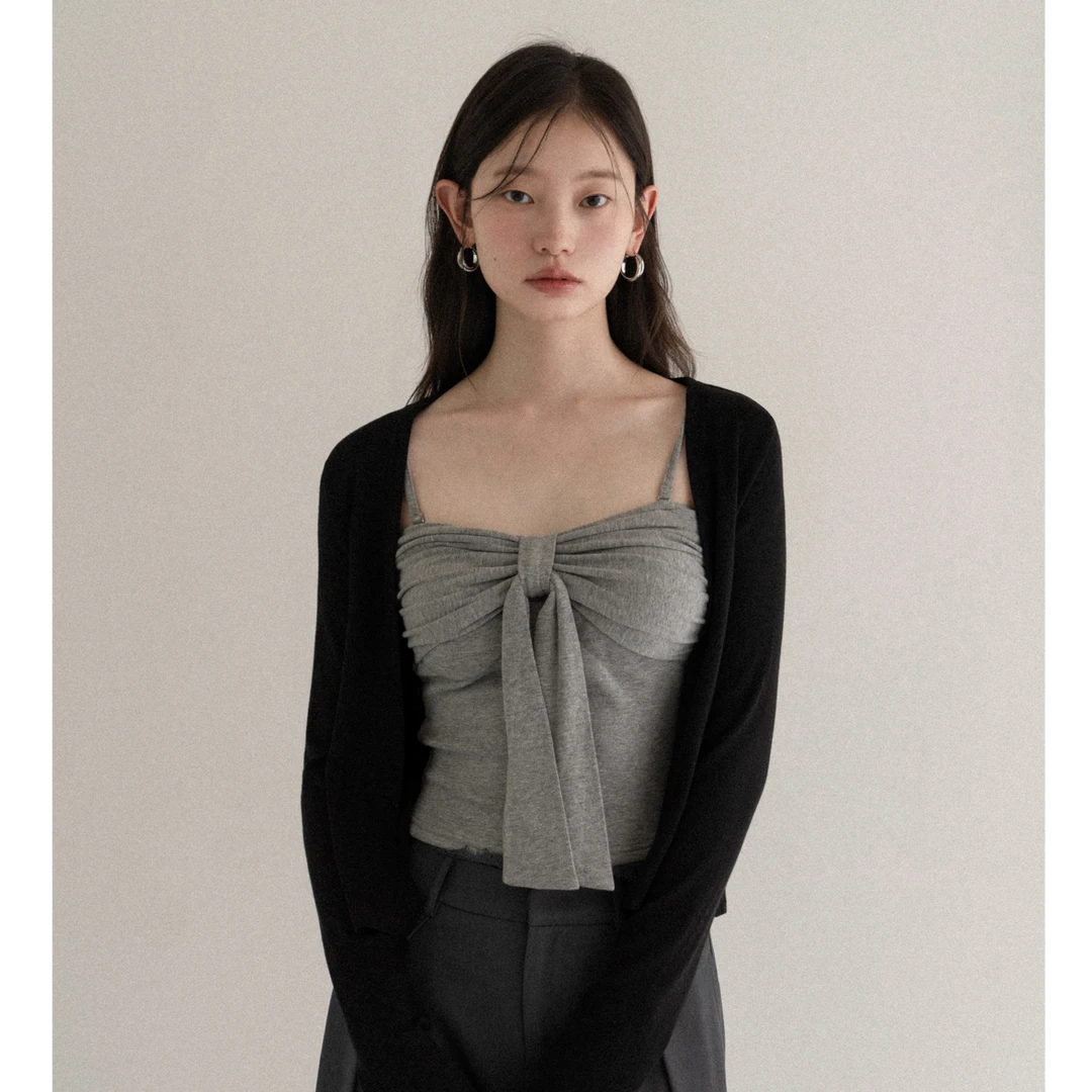 羊城故事黑灰色短款针织长袖t恤女修身开衫上衣 Y50852820