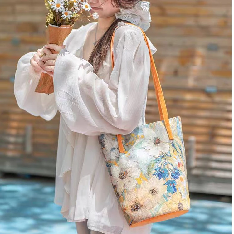 艺术鸭插画师设计款原创 油画高级大容量单肩包帆布女手提水桶包