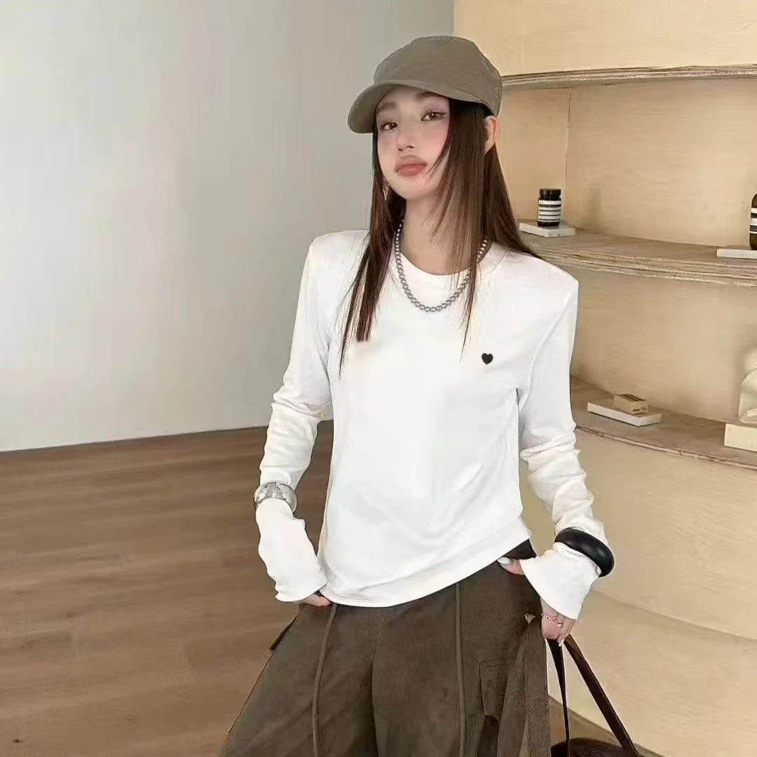 圆领女长袖刺绣女款黄拼长袖T恤内搭打底衫印花白色套头休闲20258