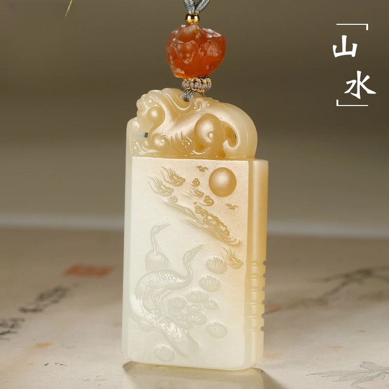 和田玉山水牌糖羊脂玉兽钮仙鹤风景牌吊坠