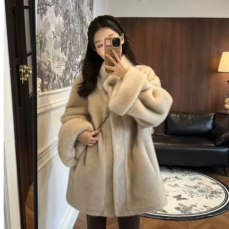 2024冬季新款韩版中长款立领挽袖中古仿貂毛宽松环保毛毛外套