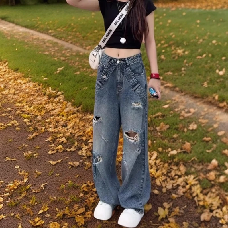 早秋款高腰设计感宽松2025减龄直筒裤梨形身材显瘦阔腿牛仔裤女款