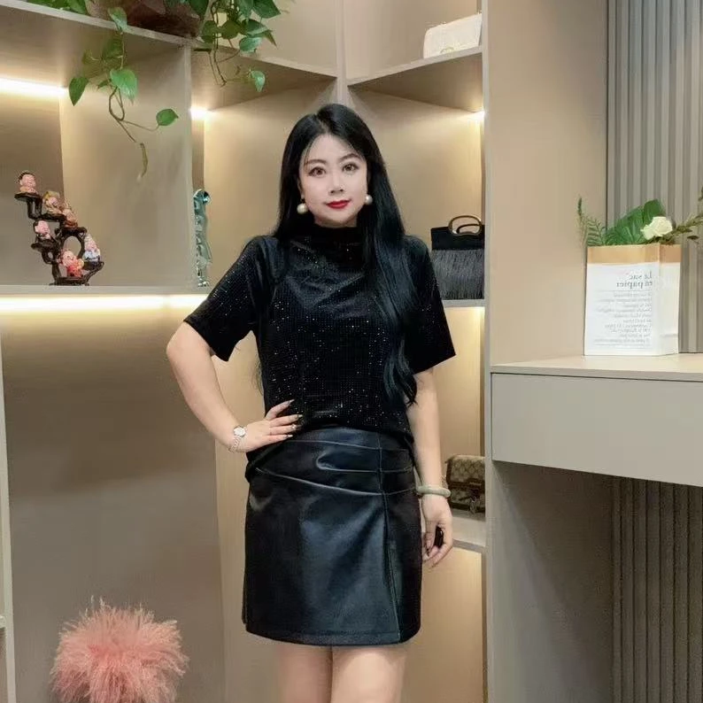 早秋半袖打底衫-檬 早秋大码宽松显瘦气质轻熟百搭亮闪半袖打底