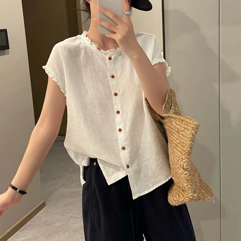 「100%纯亚麻 小飞袖衬衫」文艺风木耳边小衫夏季气质百搭显瘦H608