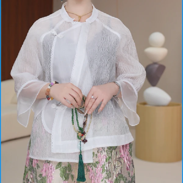 【烟雨江南】纯色夏薄款季圆领新中式衬衫上衣夏季女装外套白色