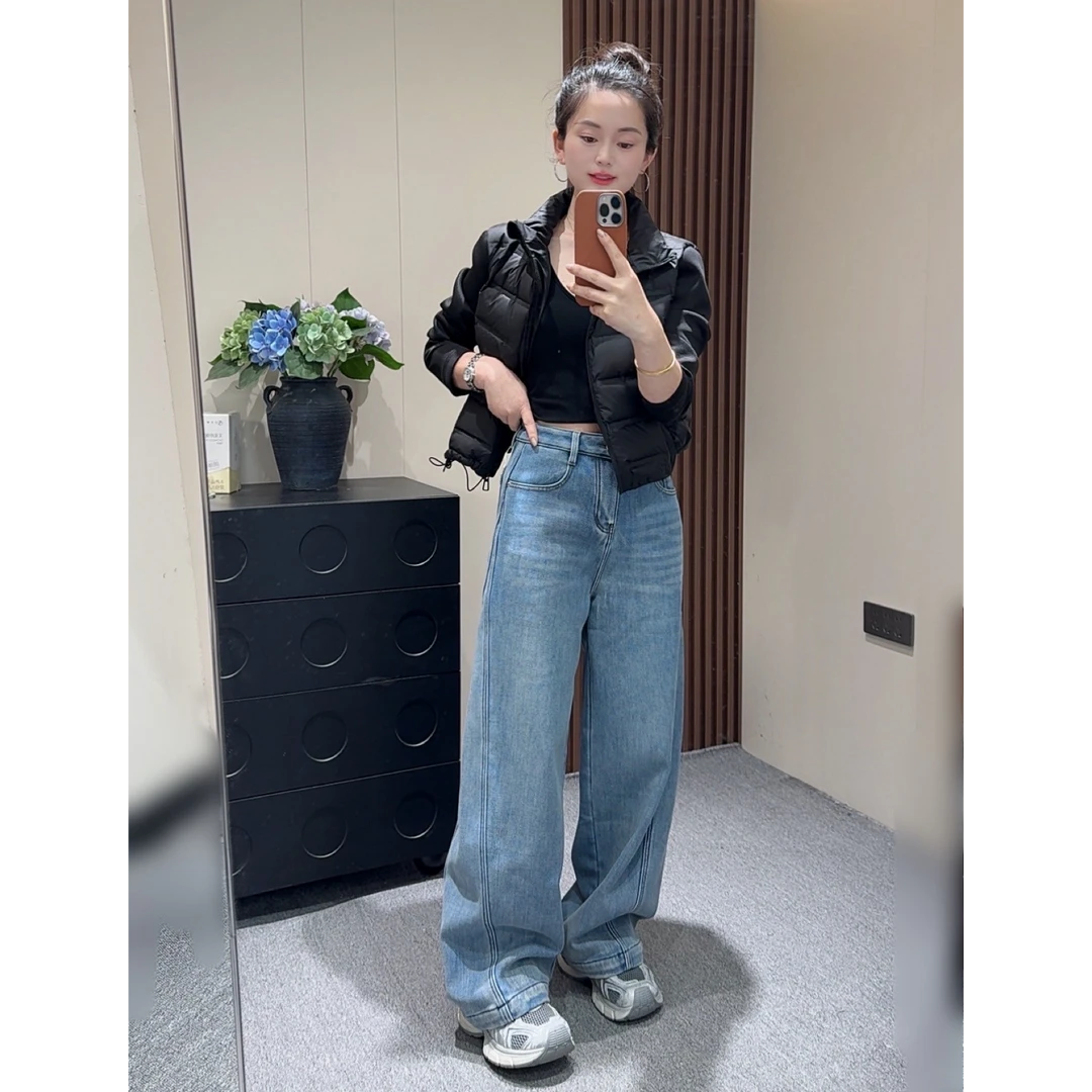 [程程自留]浅牛仔加绒阔腿弯刀裤