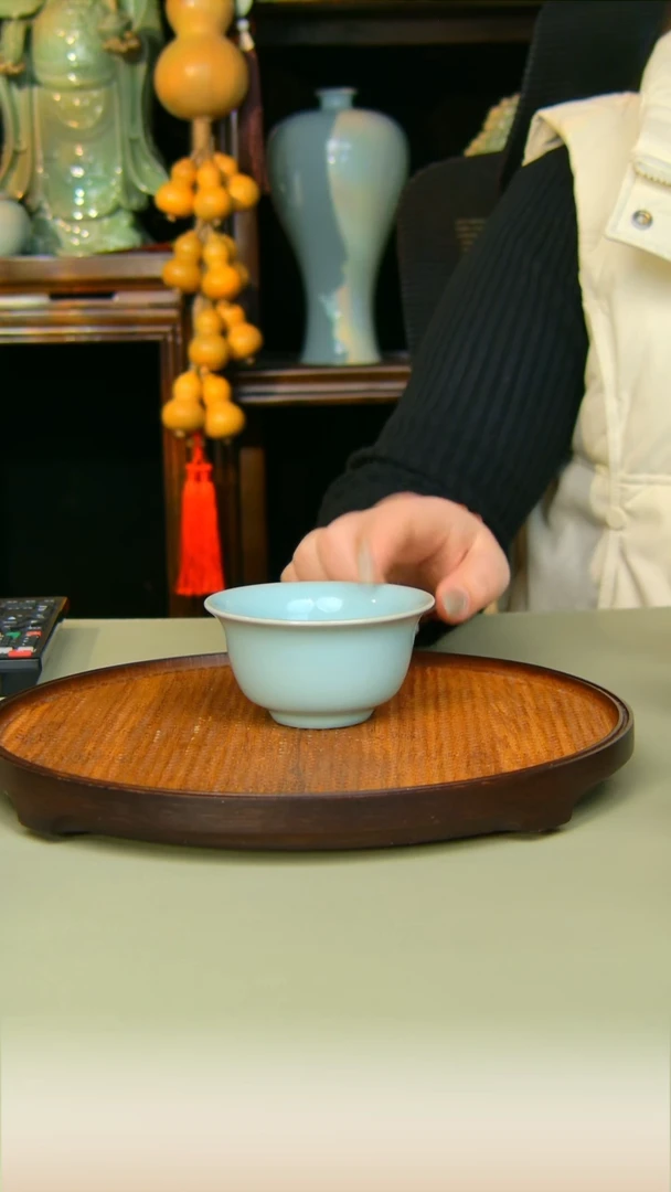 汝瓷压手杯原矿天青全手工奎奎