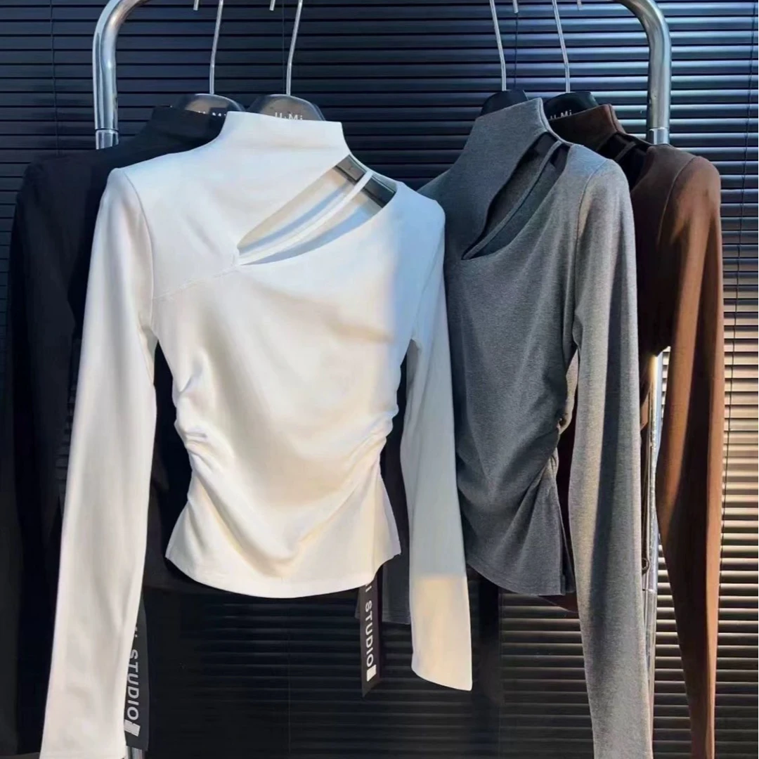 2024新款套头半高领设计感镂空修身显瘦洋气褶皱加绒上衣