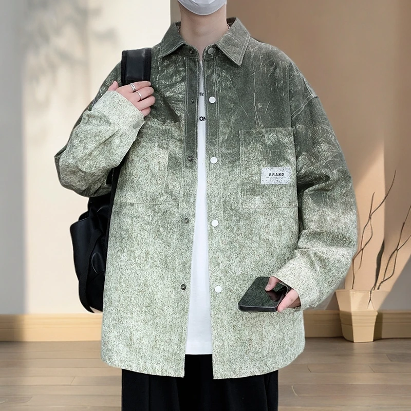 夹克棉质衬衫外套秋春秋季打底衫新款港风宽松拼色开衫男装渐变外