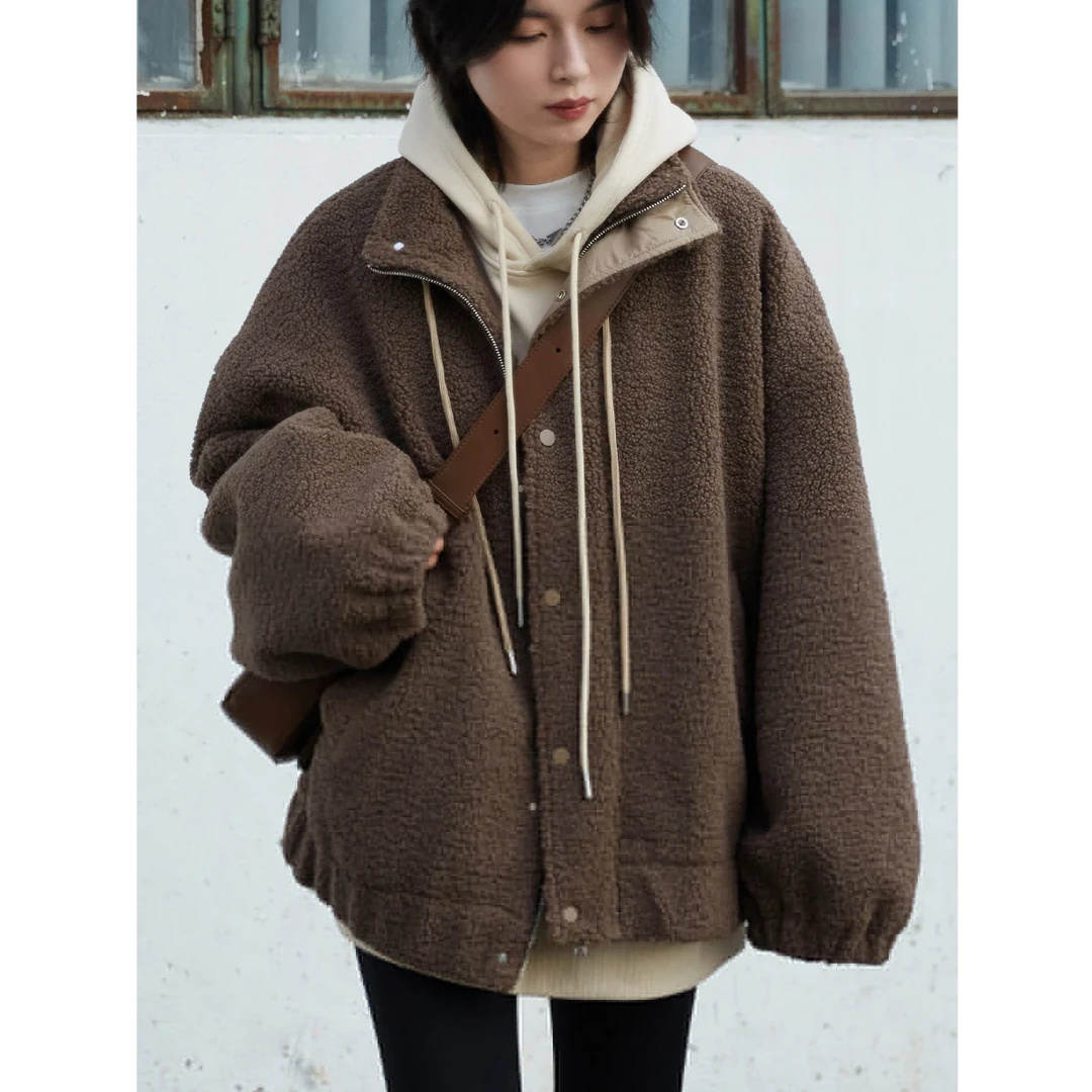 「青和月服饰」冬季运动休闲街头立领仿羊羔毛宽松毛绒外套夹克