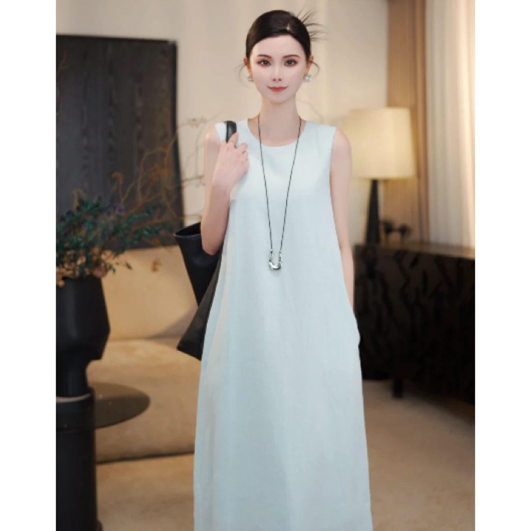 红人街头欧若风穿搭极简净色复古百搭圆领无袖A字背心裙yn340