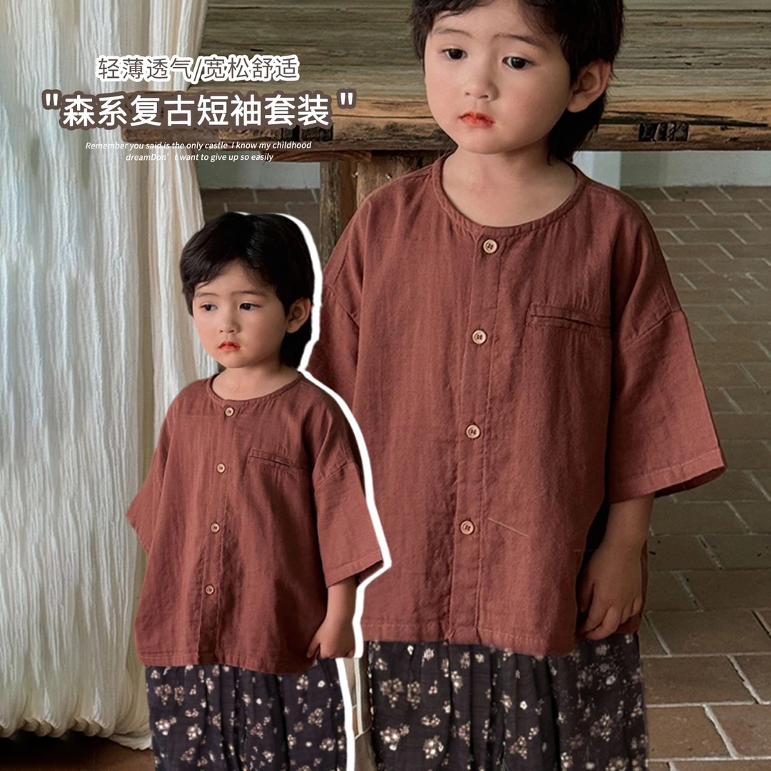 《夏上新》森系复古男童女童圆领开衫短袖韩版中小童宽松25XL990