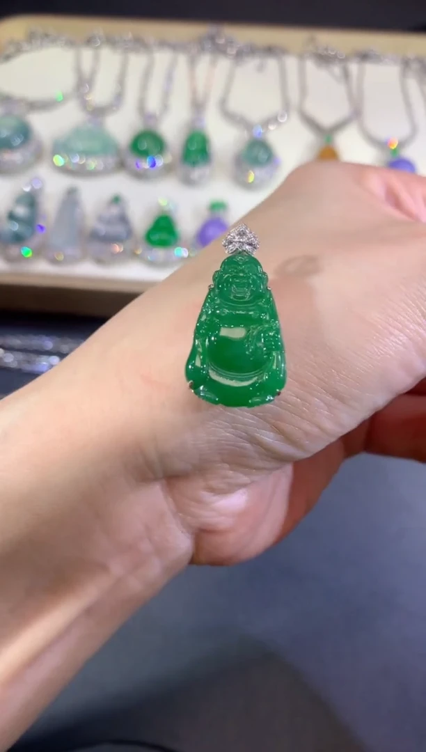 吊坠(不含链)18K金镶嵌翡翠13-布袋佛