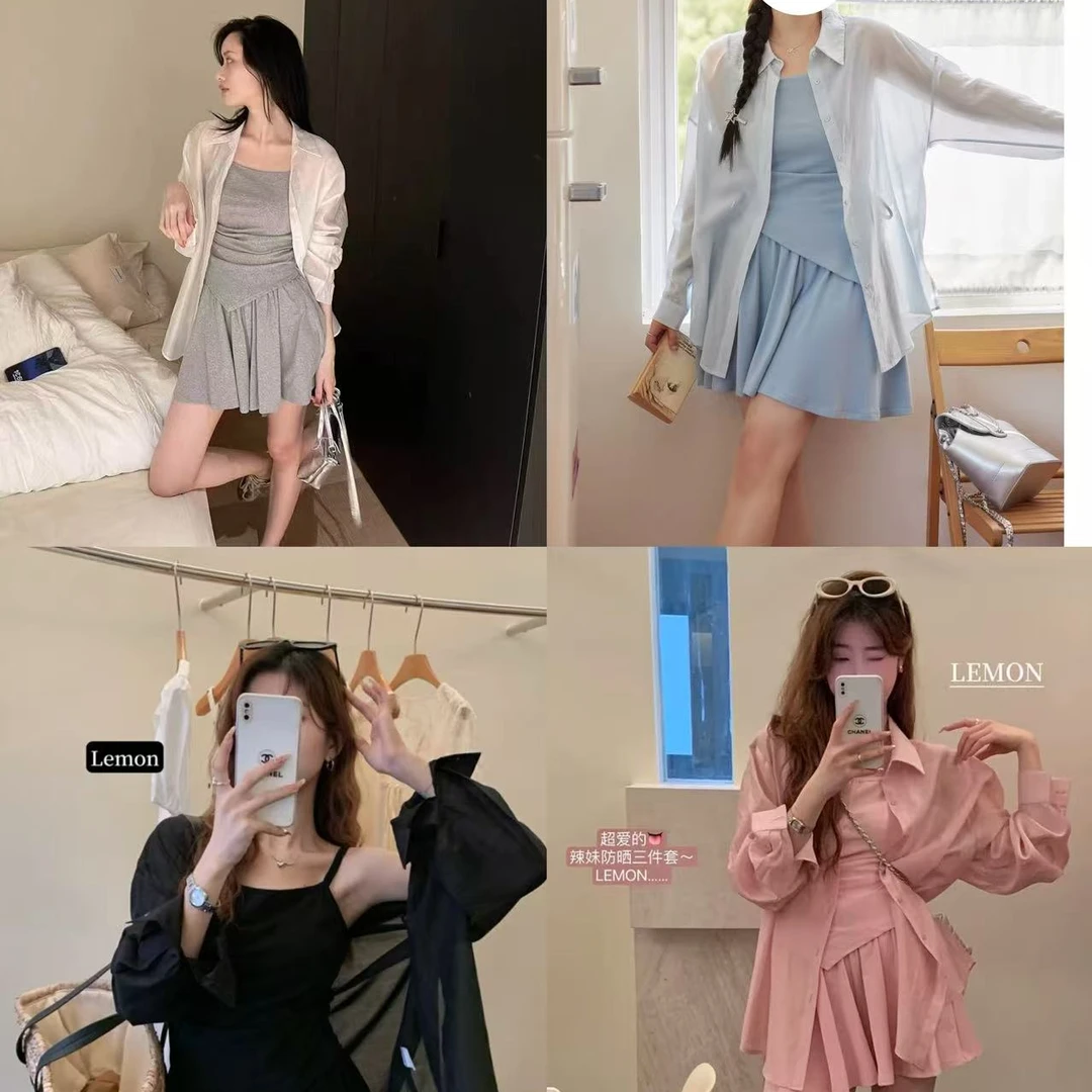 新款夏季胖MM防晒衬衫吊带显瘦裤衩半裙糖果系小清新三件套