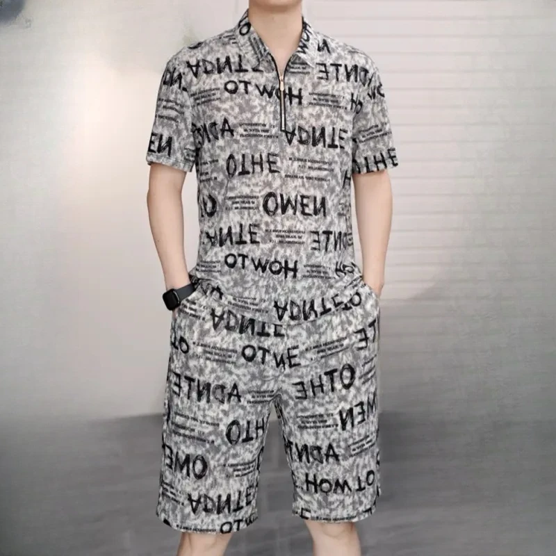 夏季2025新款潮牌时尚翻领拉链POLO衫套装时尚帅气短袖短裤两件套