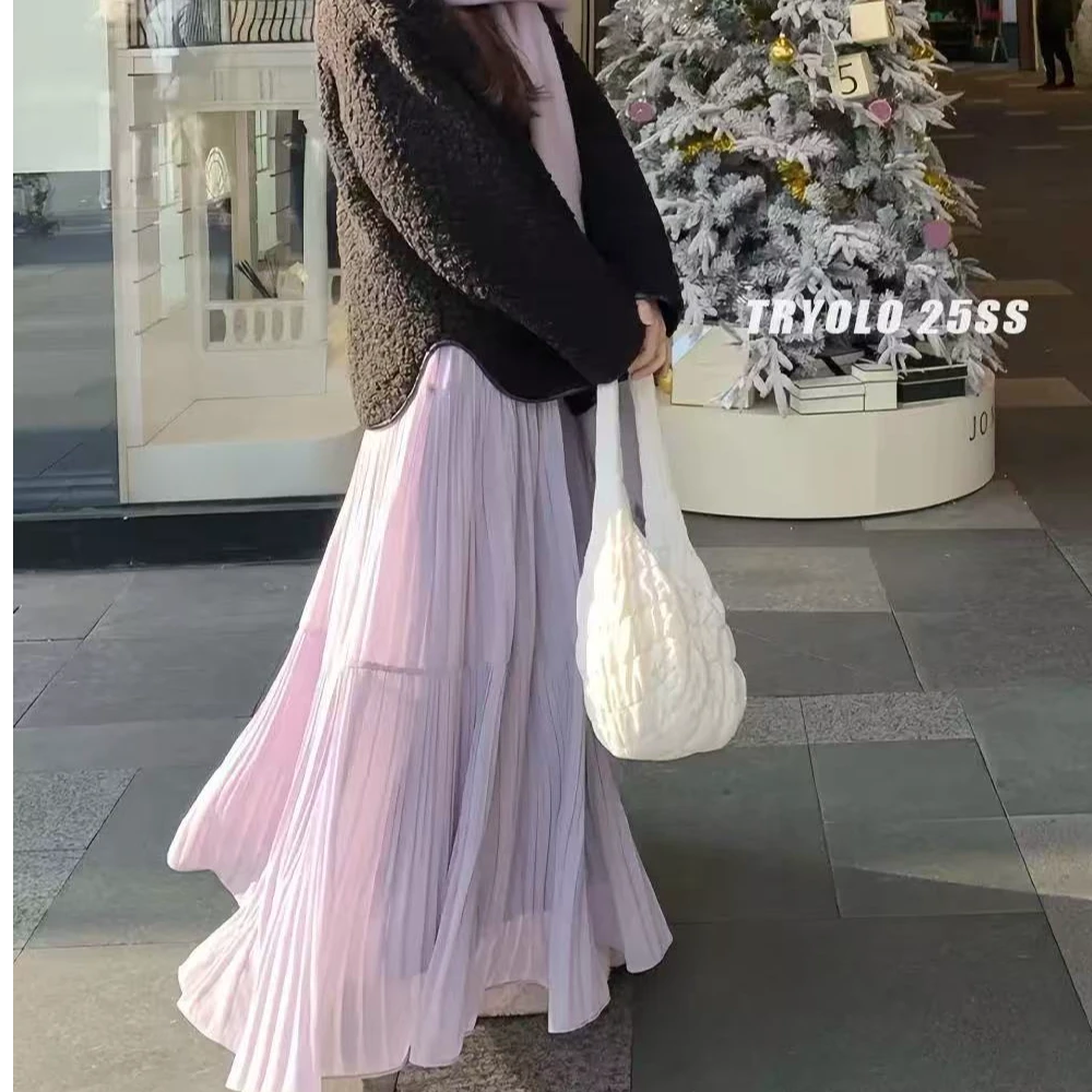 韩系半身裙女早春紫色高腰a字裙蛋糕裙温柔风设计感大摆中长裙子