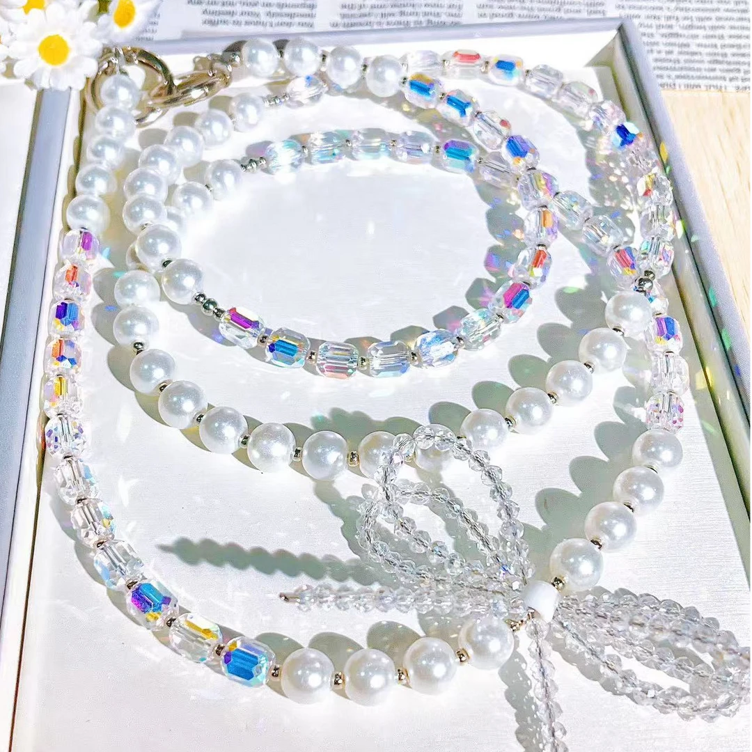 B012ins斜挎长款（白)风蝴蝶结珍珠串珠手机链挂饰珍珠蝴蝶结