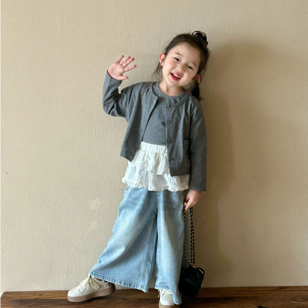 2025春季新款童装 韩版童装 女童纯色开衫外套+短袖 2件套套装