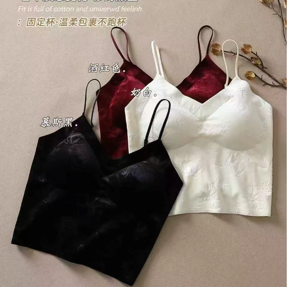 【女人味】无痕古风抹胸印花丝绒吊带背心女一体式固定杯垫