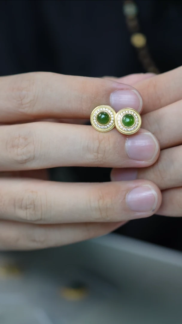 银S925镀金镶嵌和田玉耳饰79号-耳钉/GG/9