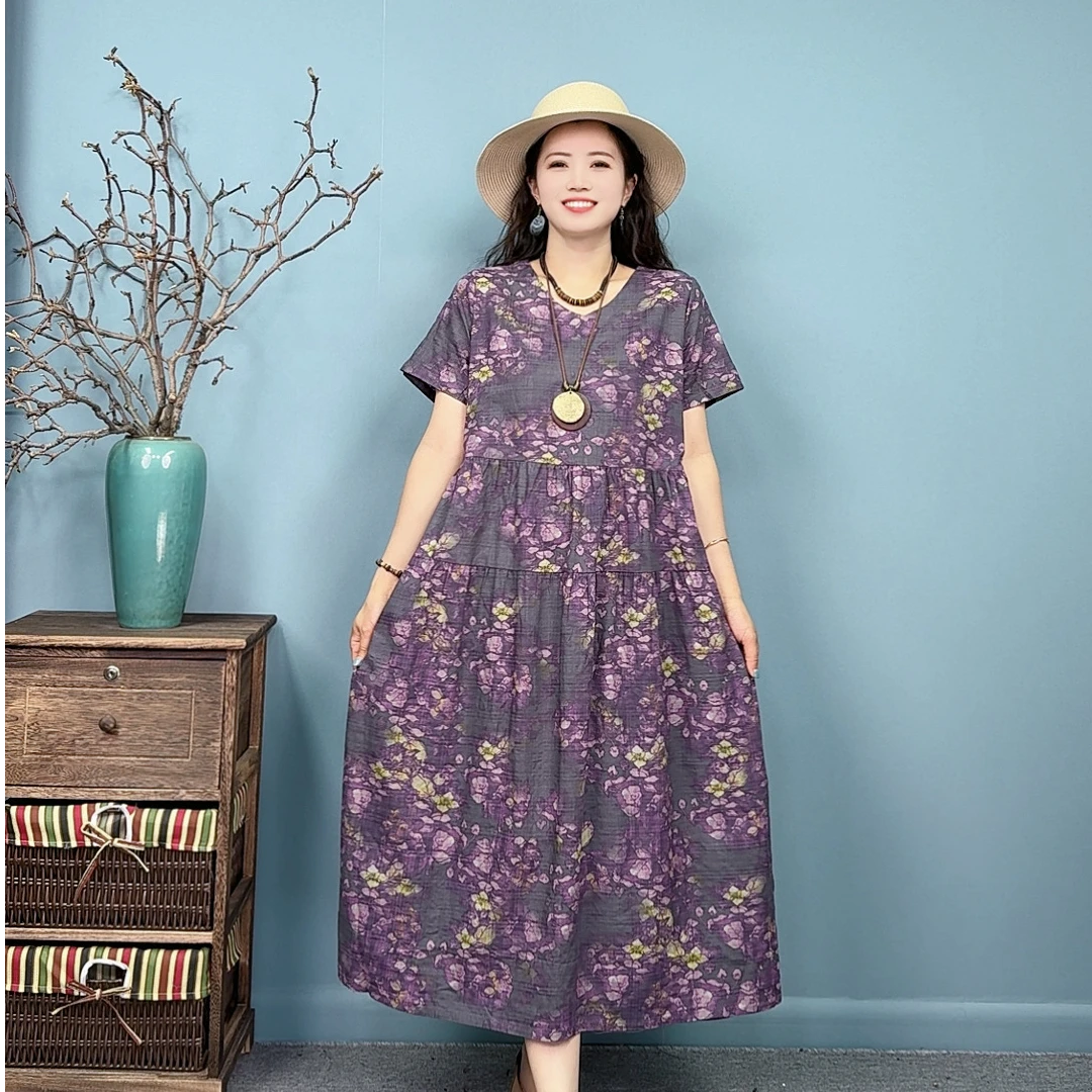 25070夏季新款宽松大版休闲复古显瘦遮肉显白百搭圆领透气连衣裙