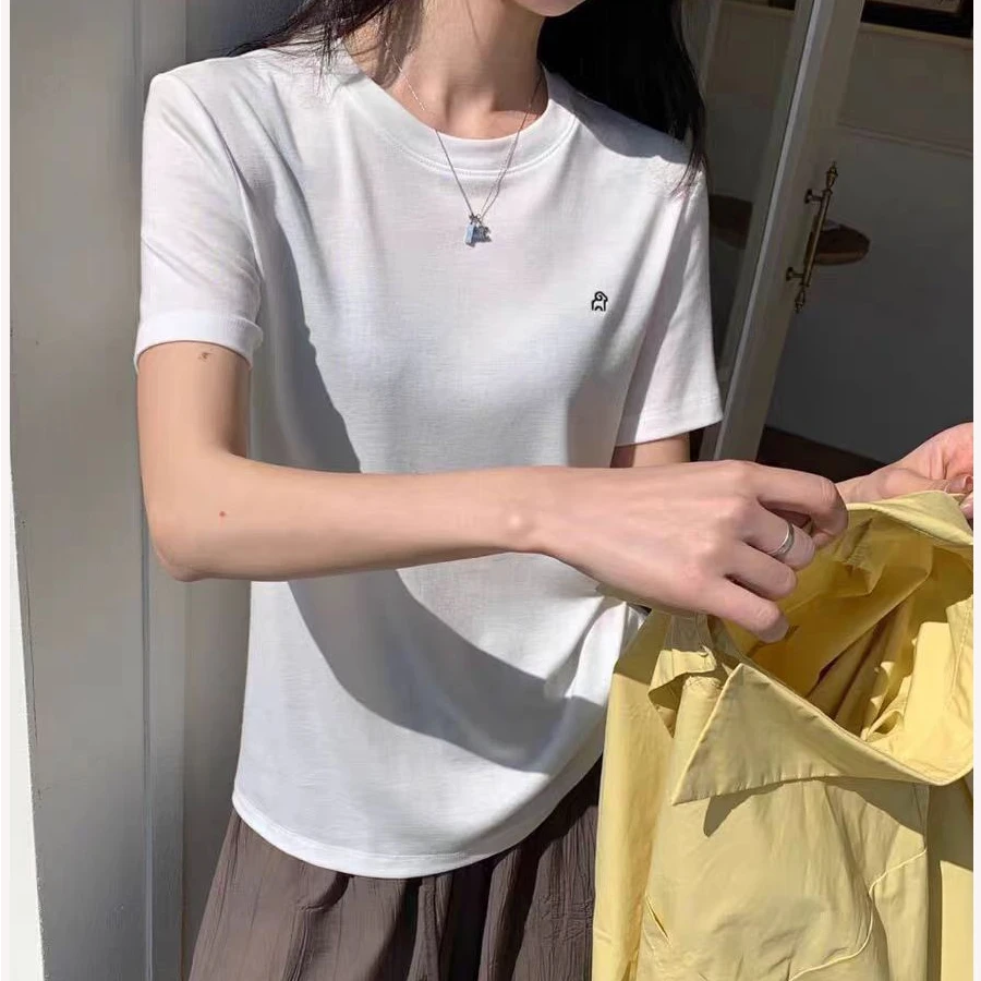 简伊精选 2025新款夏季天丝羊毛圆领刺绣短袖T恤