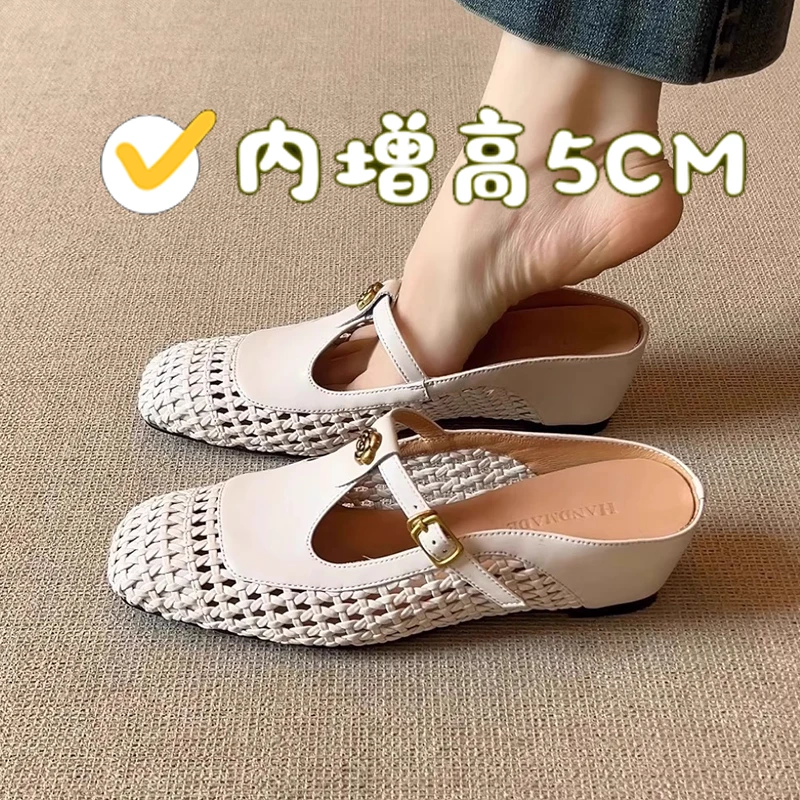 浅口镂空单鞋法式编织透气包头凉鞋内增高T字带扣山茶花半拖鞋女