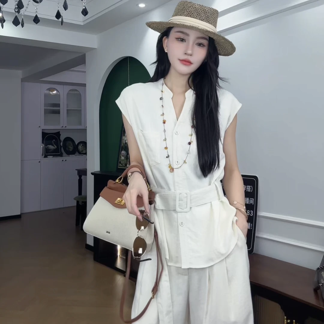 2025夏季新款时尚洋气女无袖马甲阔腿裤两件套又酷又飒的穿搭套装