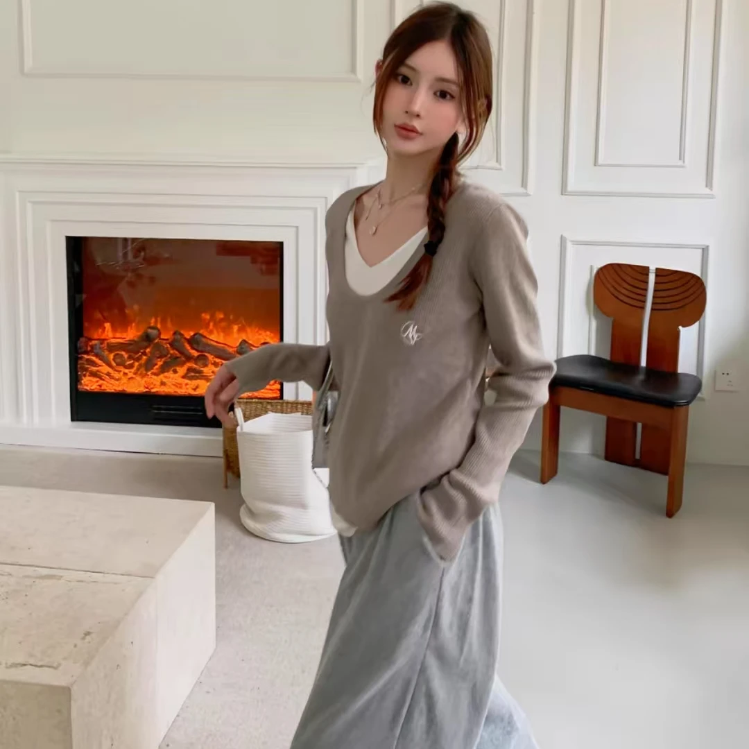 福利--拍下选择编码--秋冬韩版假两件打底衫慵懒风撞色针织毛衣女