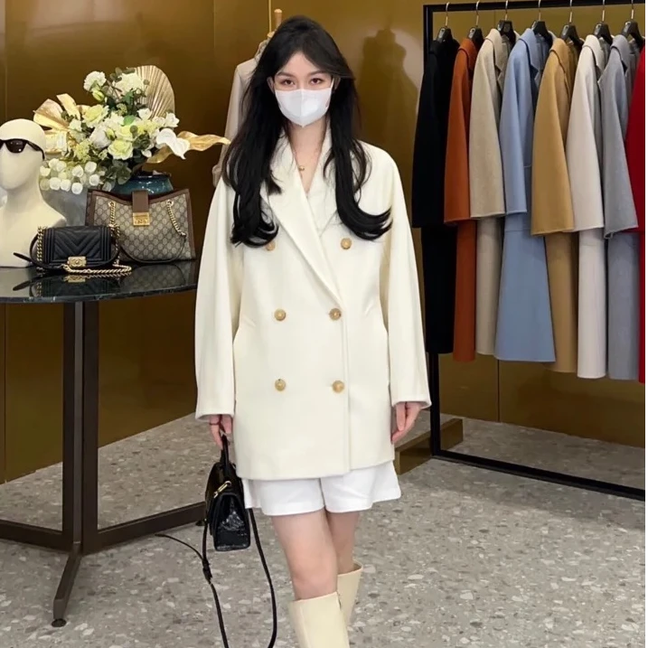 95新 MaxMara X11160 米白色翻领双排扣绵羊毛大衣外套 34 XS码