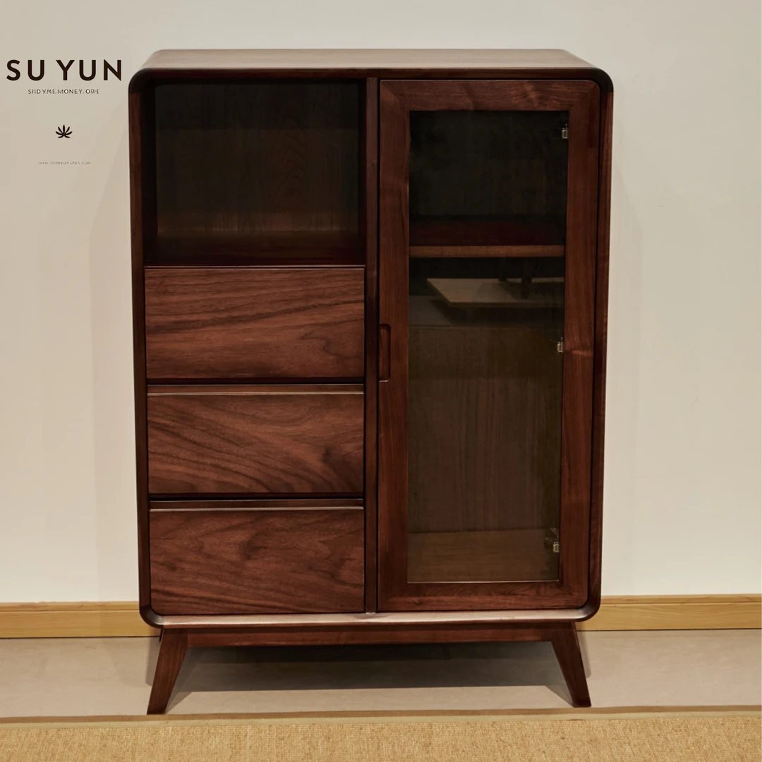 苏言家具 北美黑胡桃木酒柜客厅实木餐边柜中古风小户型收纳立柜