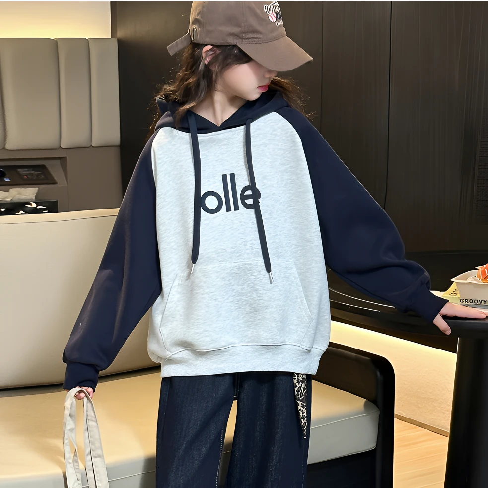 女童秋季新款卫衣女孩中大童时尚休闲上衣学生连帽拼色卫衣6-18岁